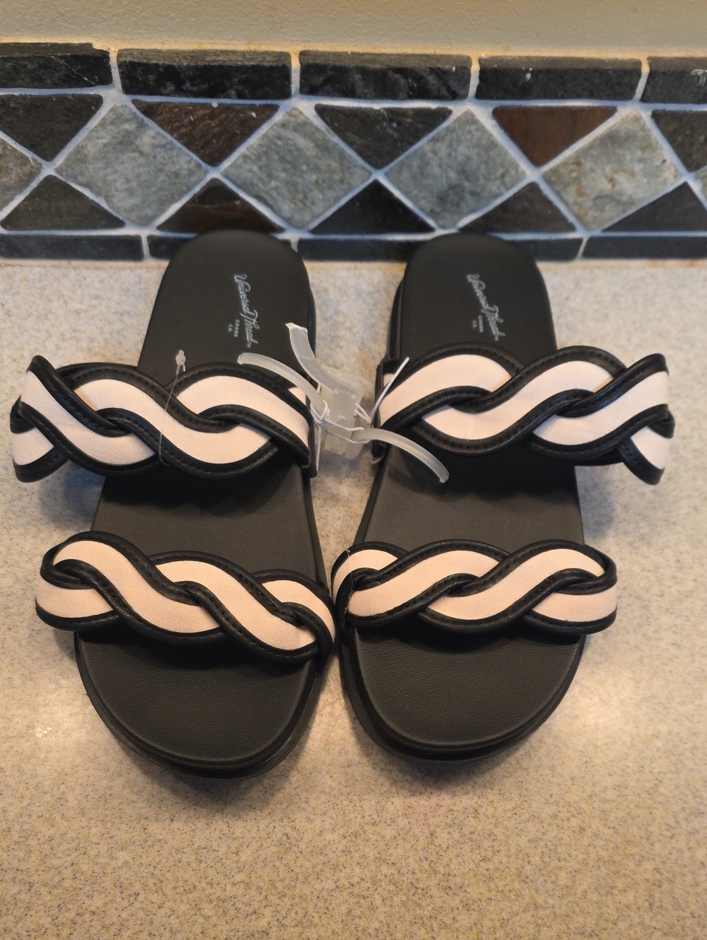 Universal Thread Black Slide Sandals with Pale Pink Woven Trim